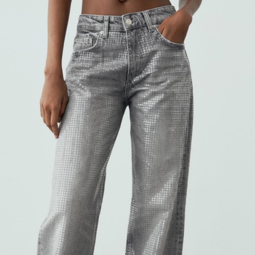 ZARA Gray Clear Sequin Coated Jeans